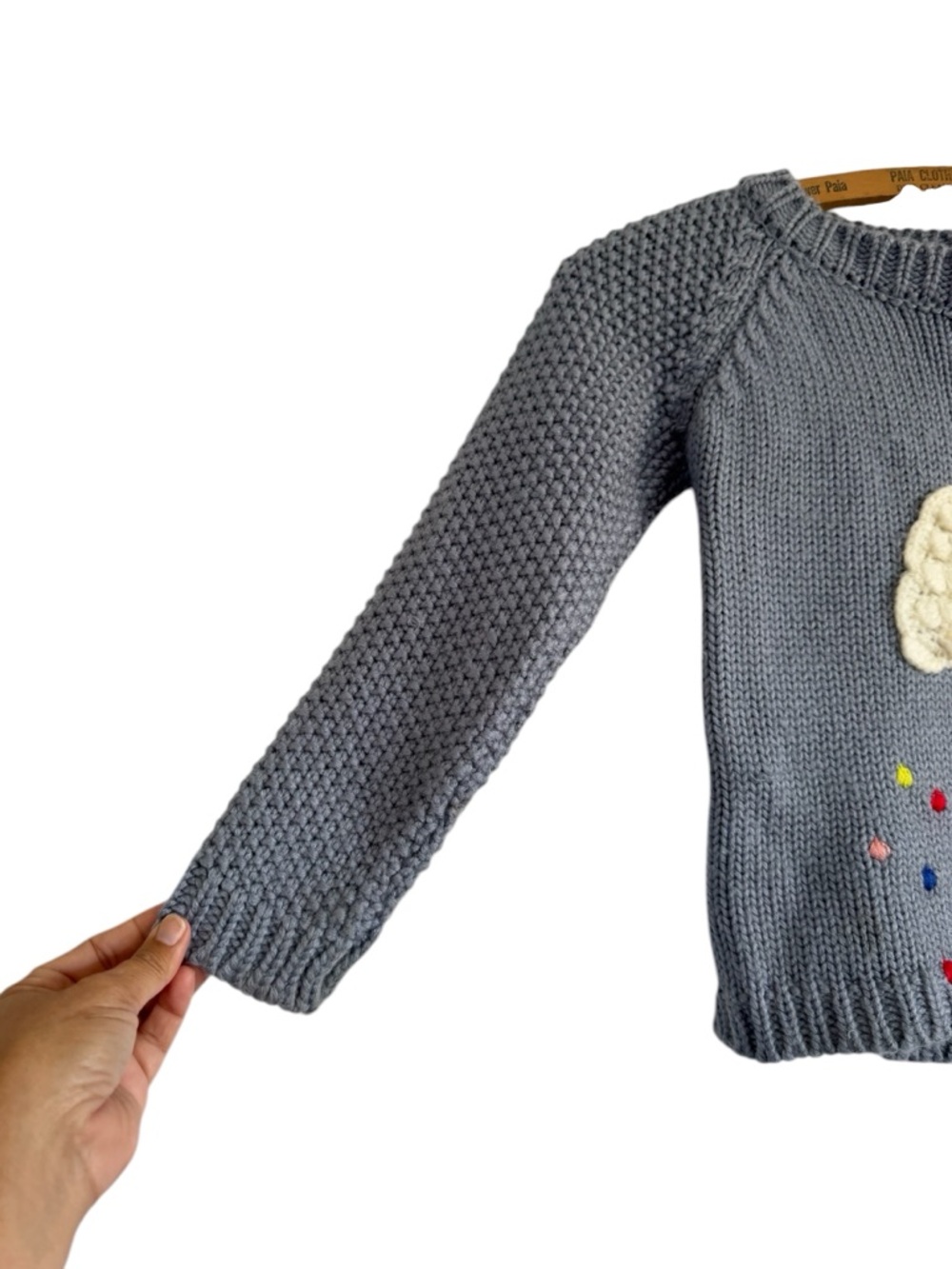 Multi Textured Grey Knit Sweater with Cloud and Colorful Raindrops Size 2 - Picture 3 of 8